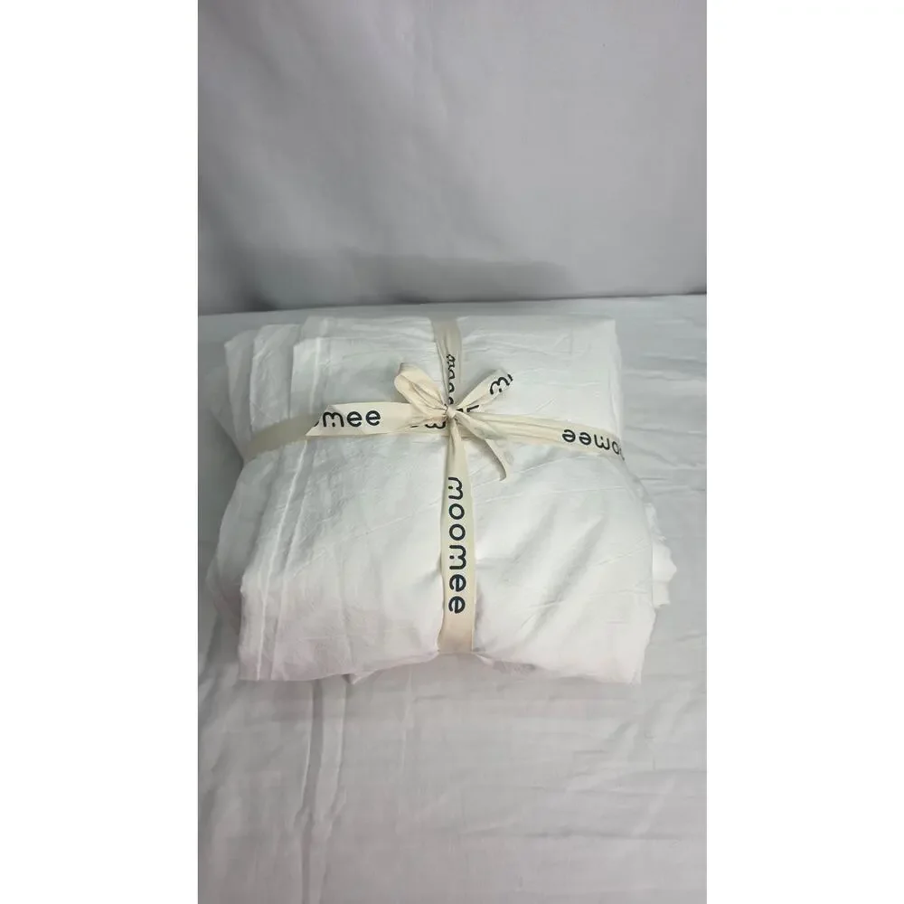 MooMee Full Duvet Cover Set White 100% Washed Cotton Linen Look 80x90